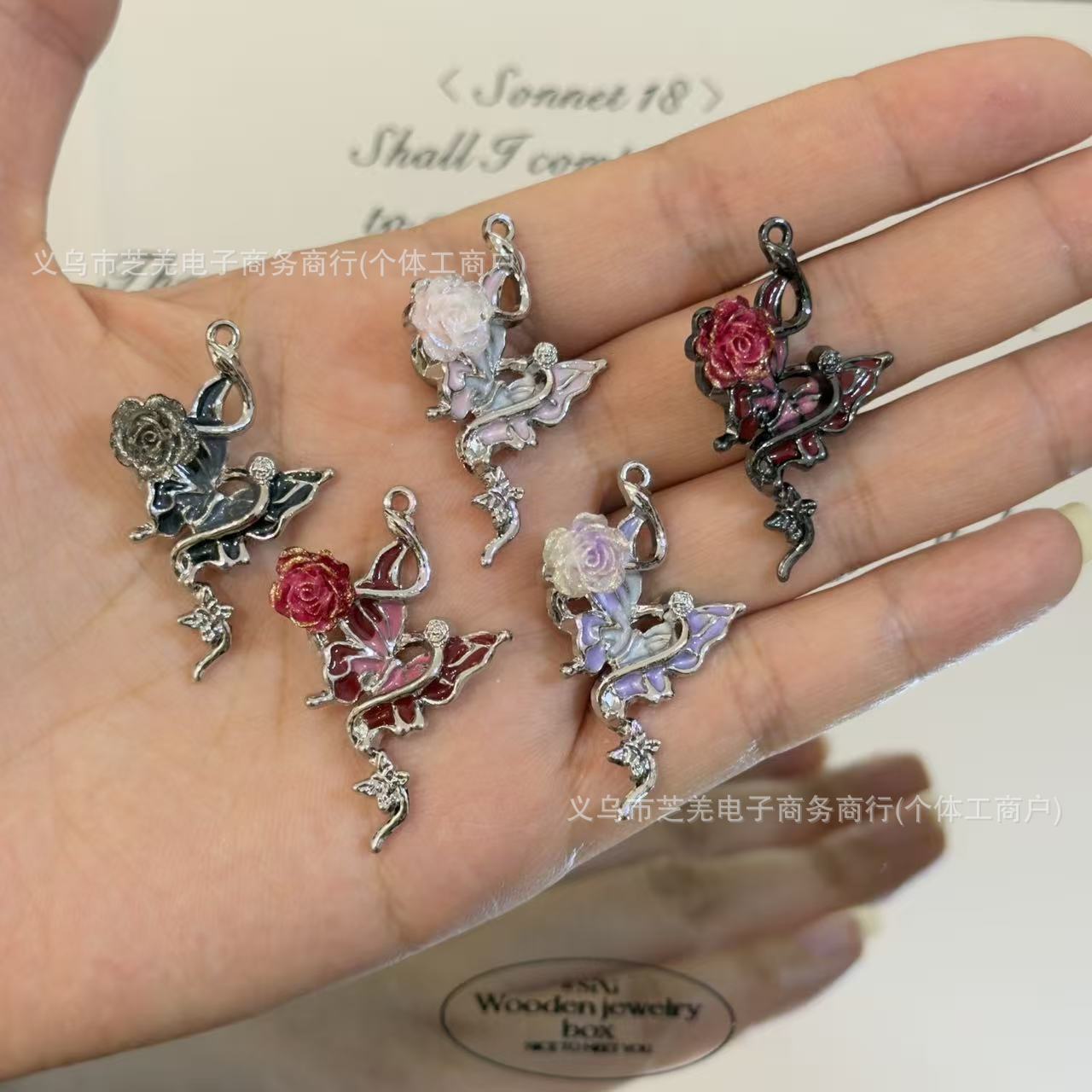 Wholesale 10pcs zircon butterfly gold pink rose relief hanging hole Pendant