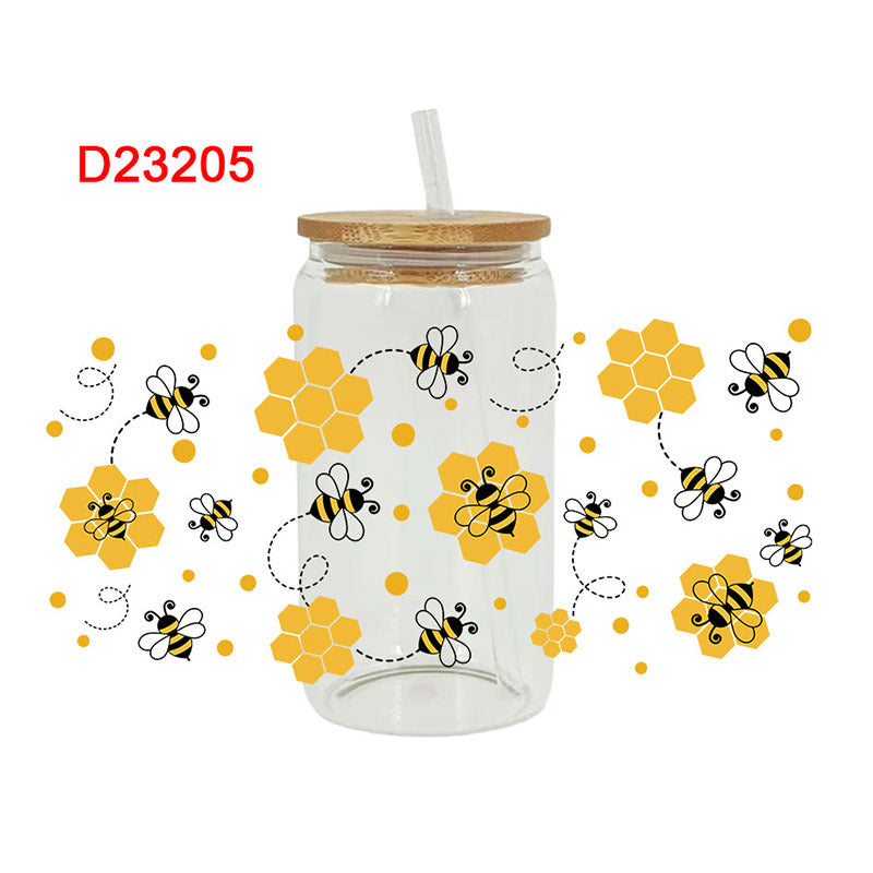 Wholesale Cartoon Cute Yellow Bee Butterfly Flower Theme 16oz Cup UV DTF Wraps