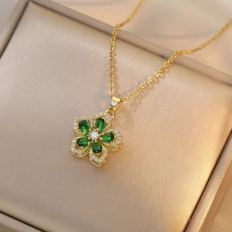 Wholesale Necklace rotating bauhinia zircon flower pendant temperament titanium steel necklace