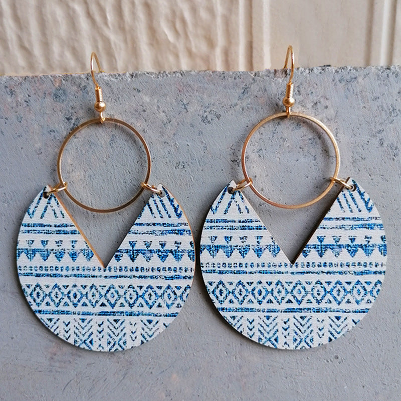 Wholesale Blue-dyed printed striped Bohemian earrings