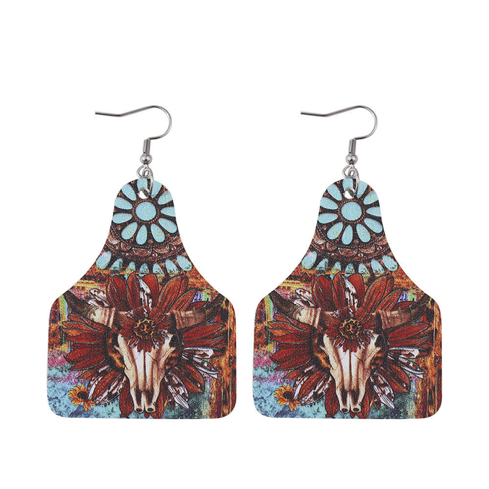 Wholesale Western Cowboy Turquoise Leopard Print  Double-Sided Leather Earrings