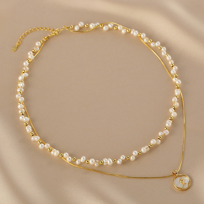 Wholesale Rose flower double pearl necklace clavicle chain