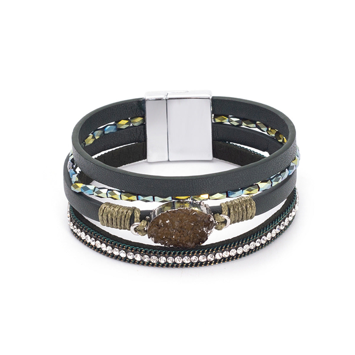 Wholesale Crystal Studded Vintage Ethnic Style Beaded Leather Bracelet
