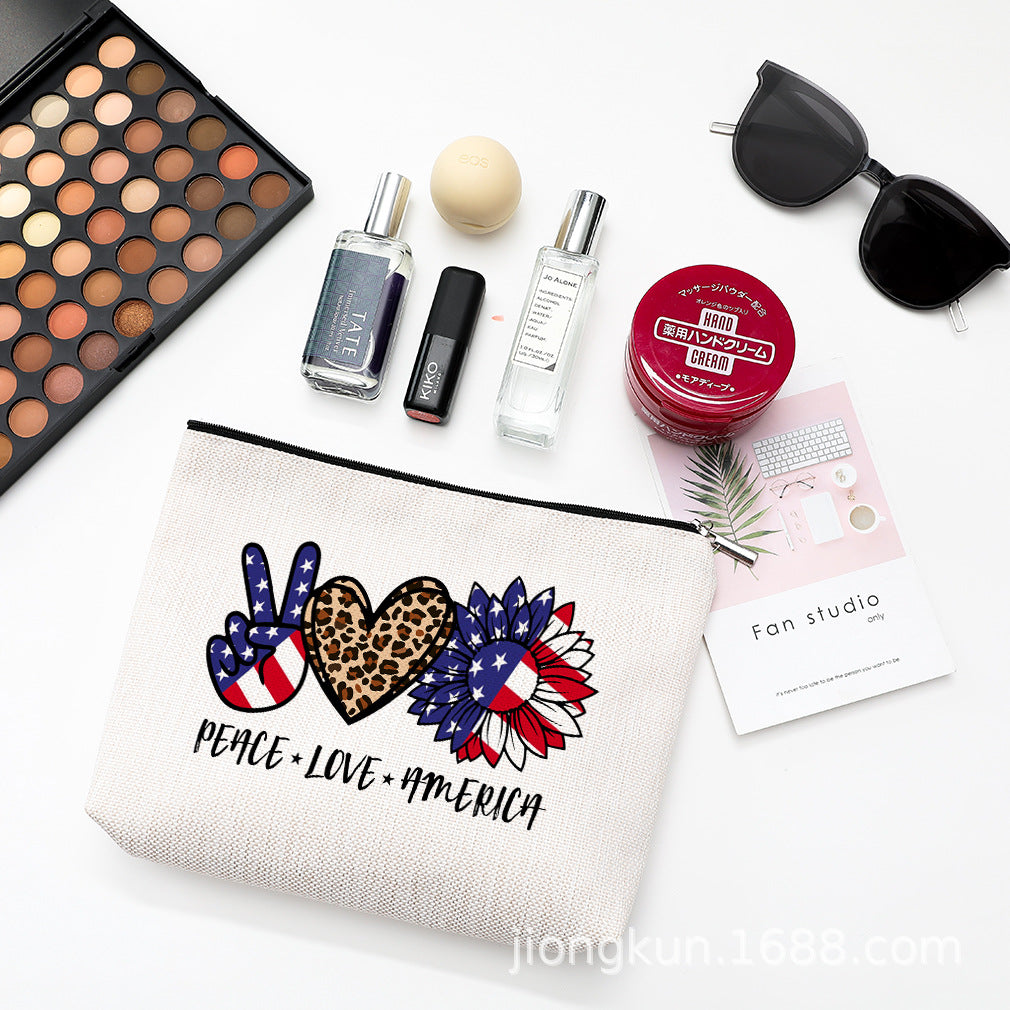 Wholesale Independence Day Waterproof Linen Cosmetic Bag