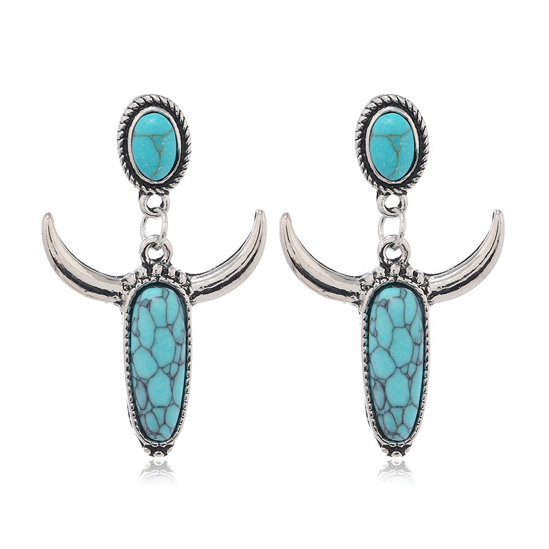 Wholesale Silver-plated Turquoise Ox-head-shaped Vintage Earrings