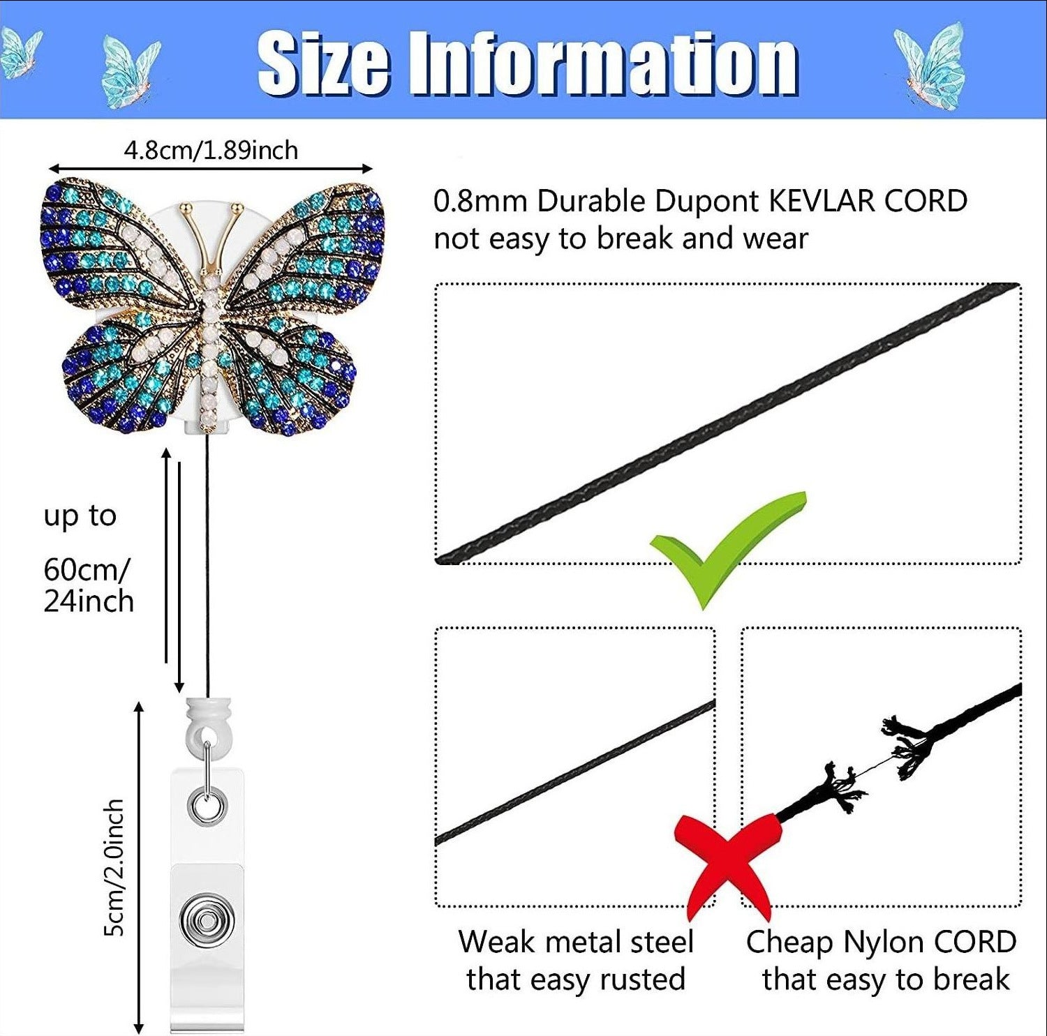 Wholesale Colored Metal Diamond Butterfly Emblem Scroll Retractable Keychain