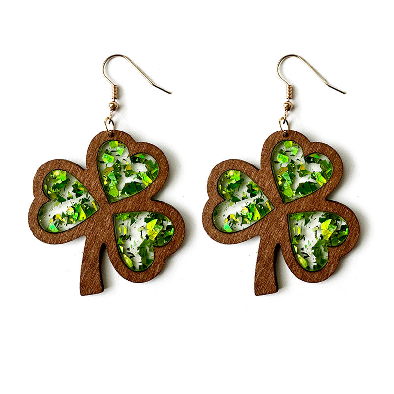 Wholesale Clover Acrylic St. Patrick's Day Wood Texture Inlay Holiday Earrings