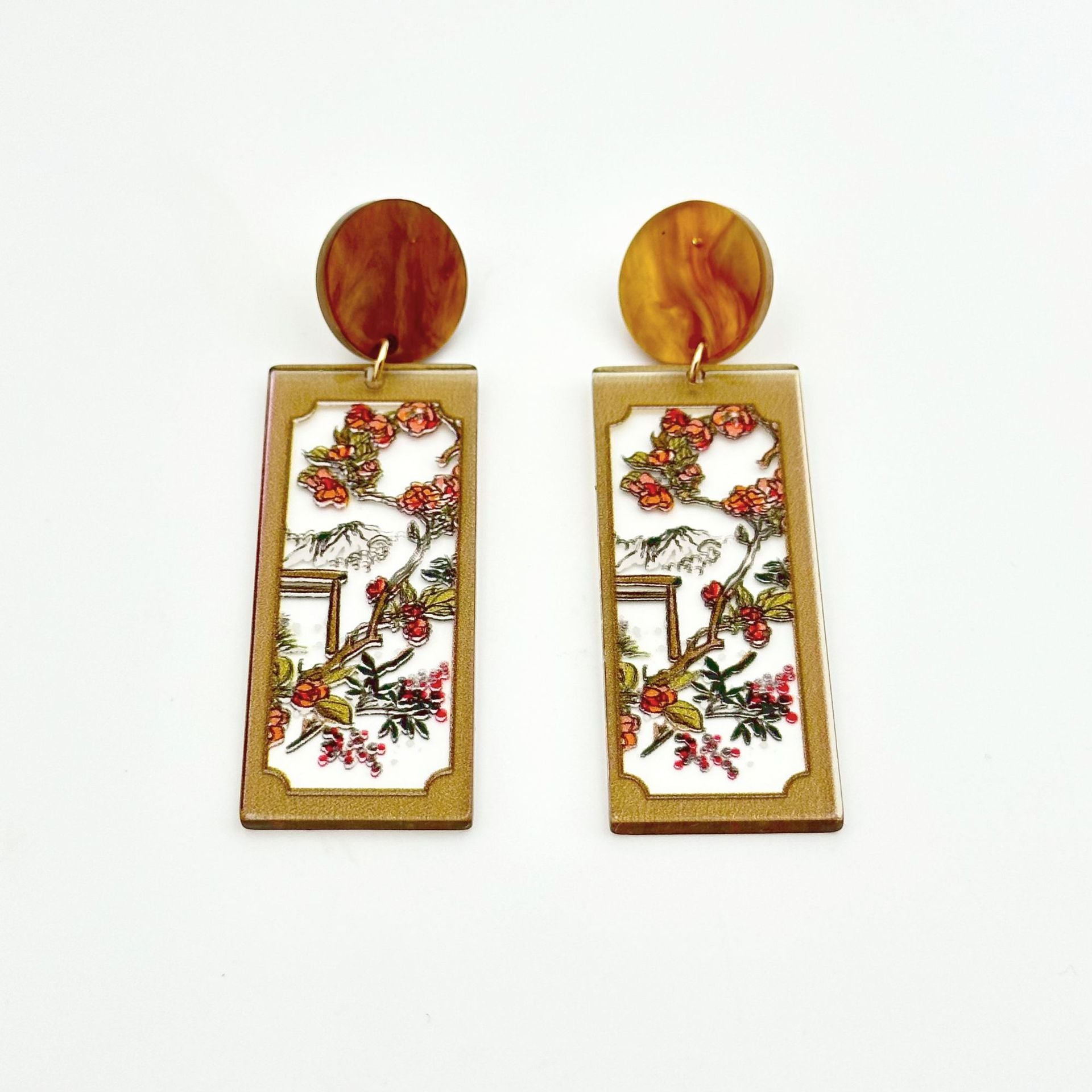 Wholesale Chinese Style Bamboo Flower Standing Print Acrylic Earrings