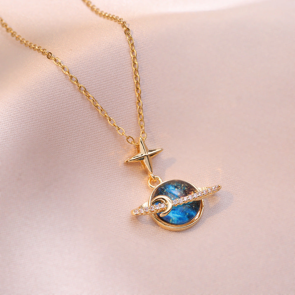 Wholesale Vintage Micropaved Zircon Star and Moon Blue Starry Sky Clavicle Chain