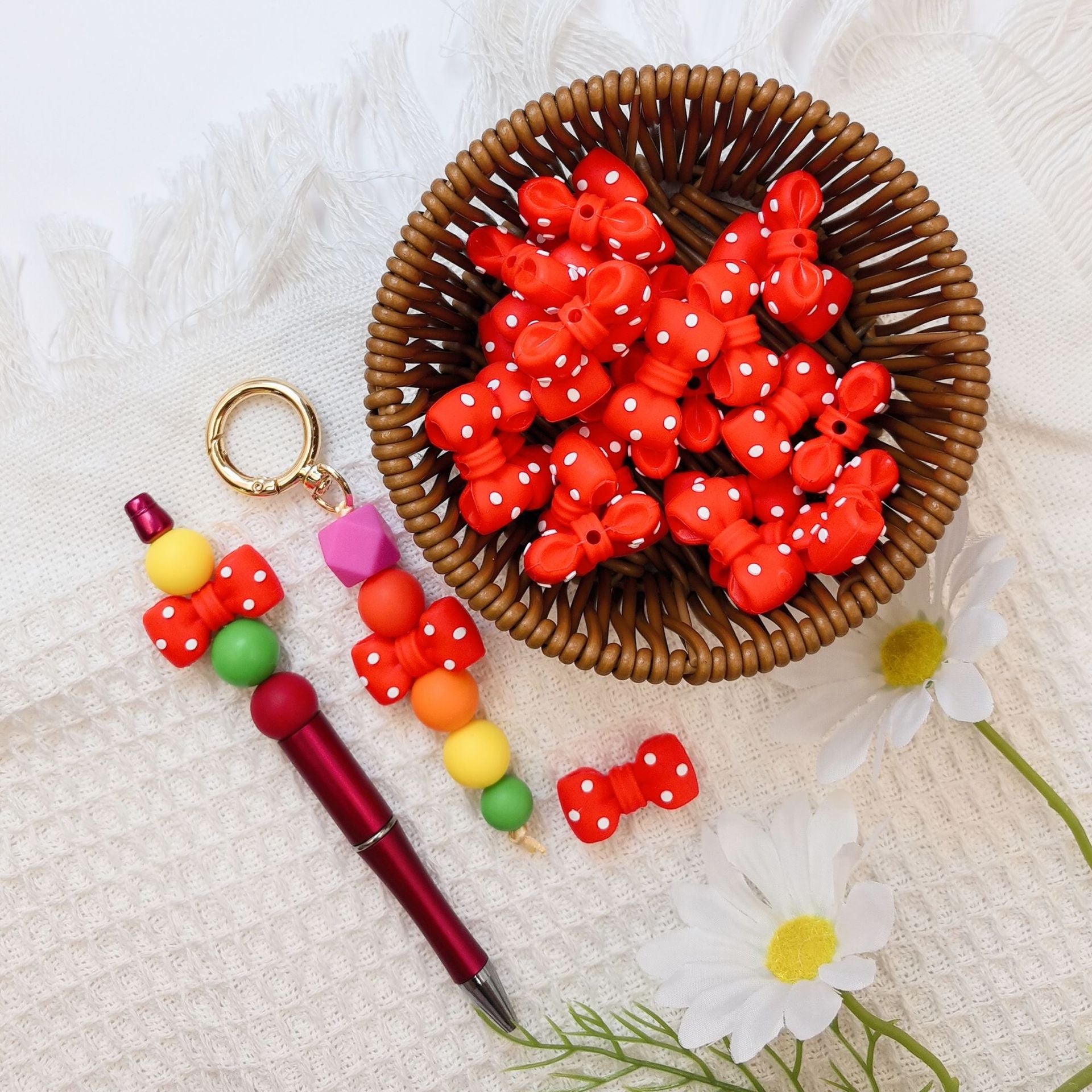 Wholesale 10pcs 3D Black Dot Red Dot Bow New Three-dimensional Silicone Cute Cartoon DYI Beads