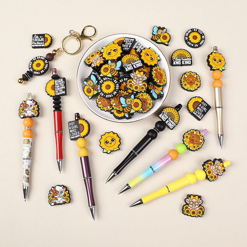 Wholesale 20pcs/pack cartoon highland cow silicone beads diy suit mix food grade daisy sunflower silicone beads