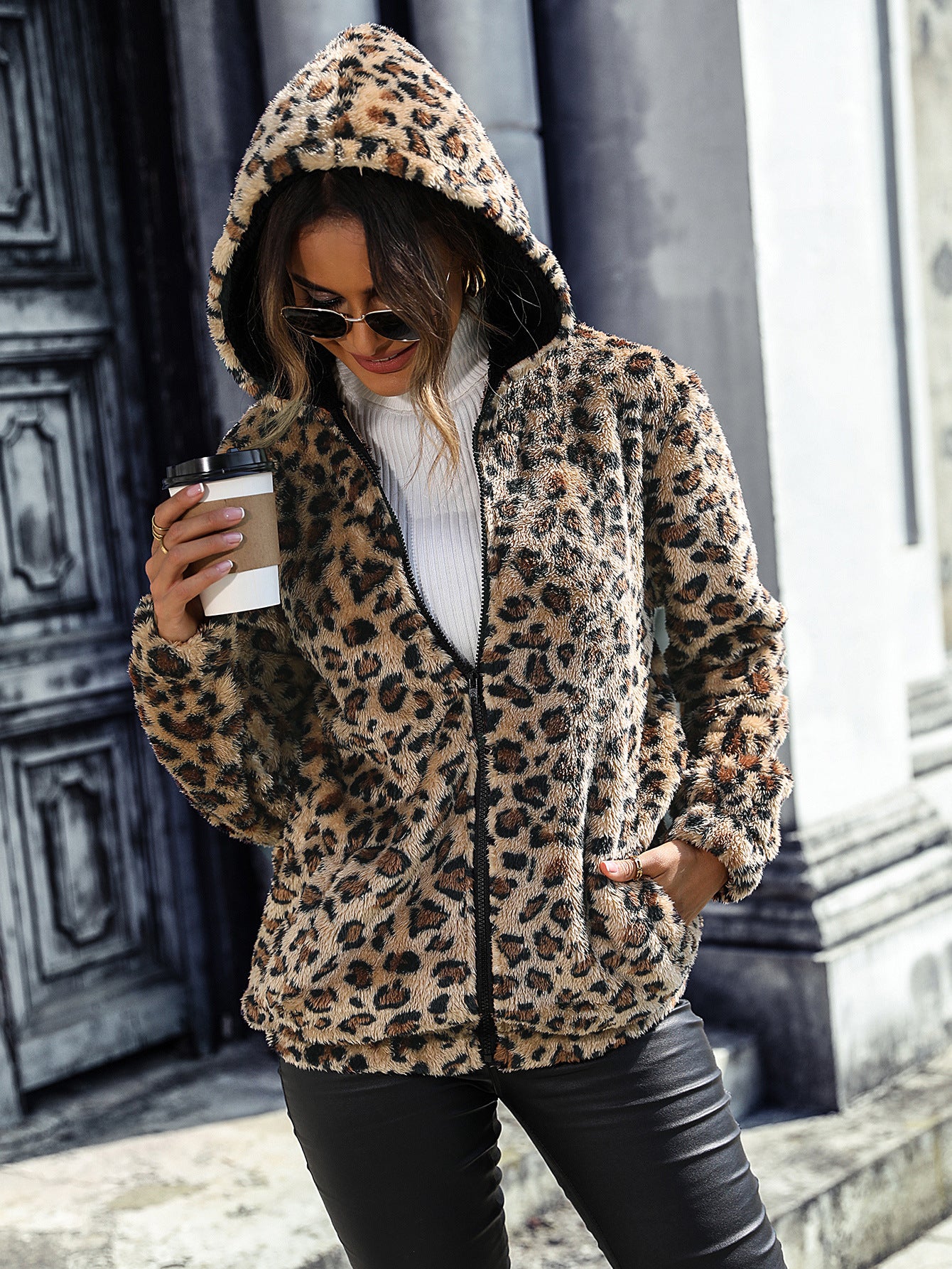 Wholesale Autumn and Winter Women's Hooded Long-sleeved Leopard Print Mid-length Double-sided Velvet Loose Casual Jacket