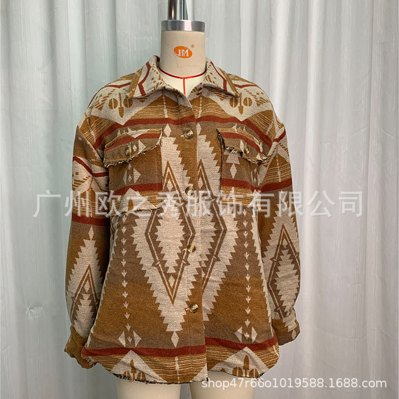 Wholesale European and American Autumn and Winter Jackets, Thickened Retro Aztec Printed Woolen Women Clothes