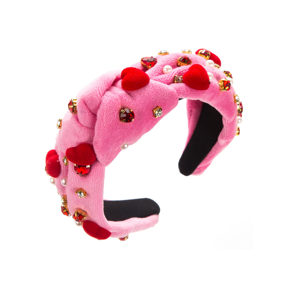 Wholesale Valentine's Day Series Pink Velvet Diamond and Pearl Love Headband