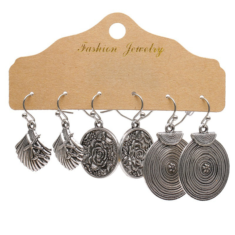 Wholesale Gem Hollow Half-circle Leaf Feather Vintage Earrings 6 Pairs Set