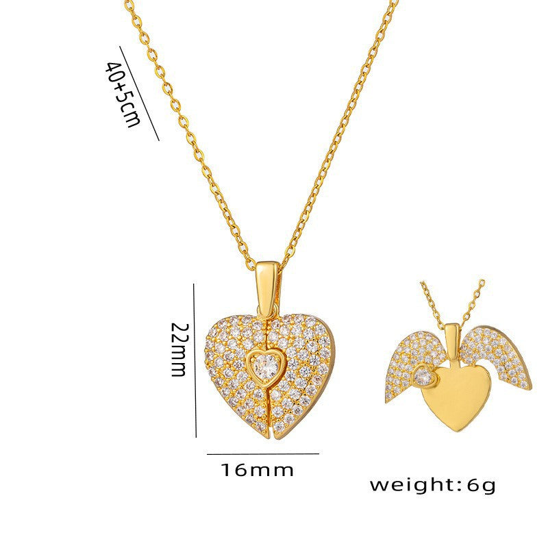 Wholesale Opening and closing heart-shaped wings with diamond studded titanium steel necklace