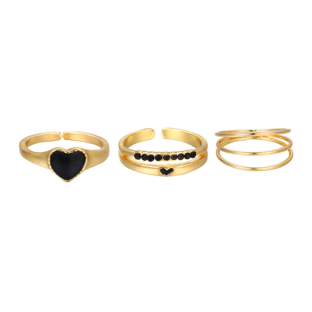 Wholesale Zinc Alloy Black Drop Oil Heart Ring Set of Three Pieces