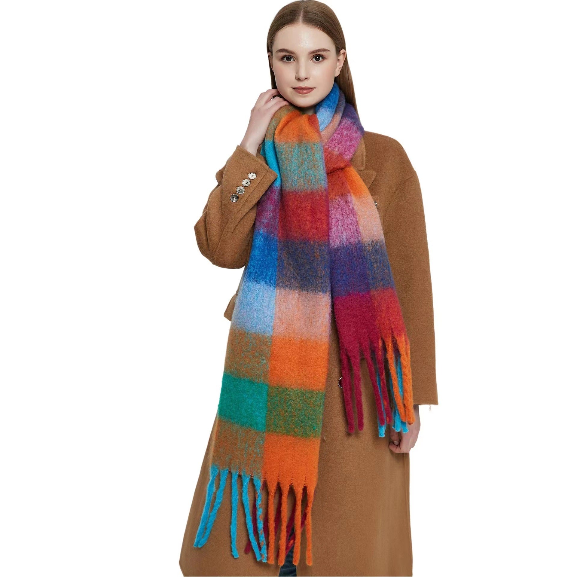 Wholesale Plaid Tassel Autumn/winter Rainbow Color Blocking and Contrasting Imitation Cashmere Warm and Thick Scarf