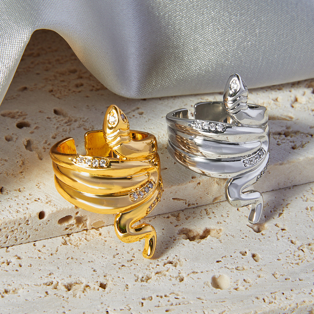 Wholesale Popular Copper Plated Real Gold Diamond Snake Ring for Couple Niche All-match Personalized Ins Opening Light Luxury Ring