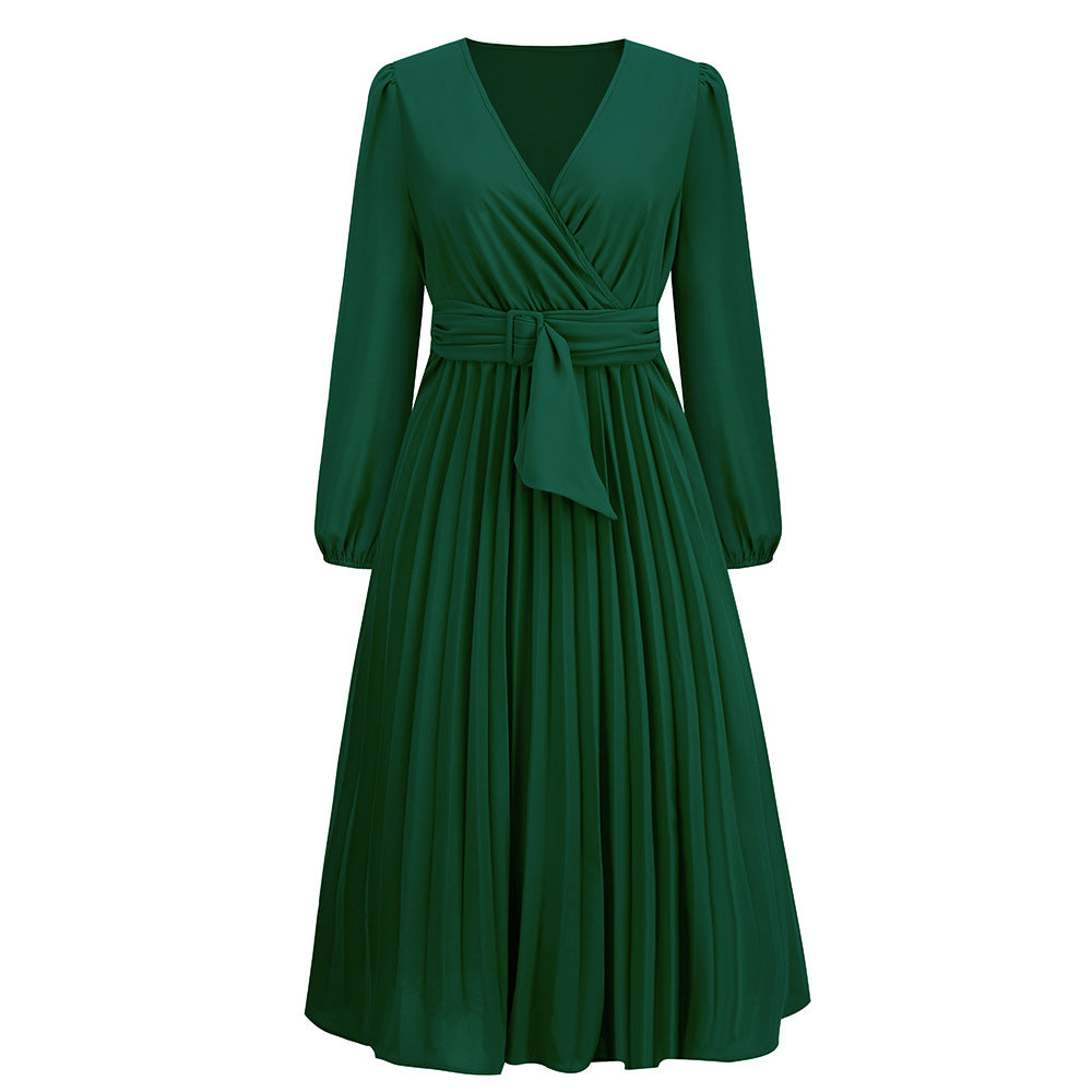 Wholesale Long Sleeve Slim Fit Pleated Belted V-neck Dress