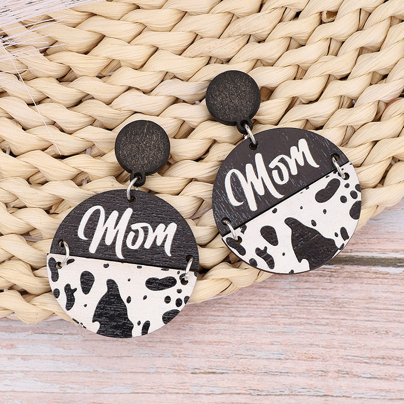Wholesale Cow Print Leopard Print Wood Chip Mom Round Earrings