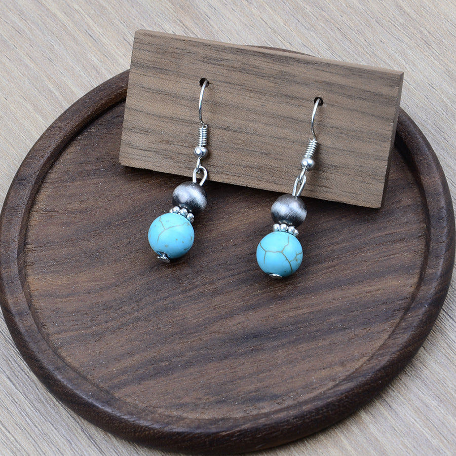 Wholesale Boho Turquoise Necklace Earrings Set Geometric Antique Silver Beaded Jewelry Trendy Fashion Accessory For Gift Resale