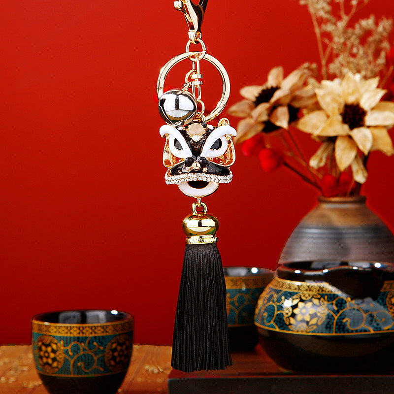 Wholesale Metal Chinese Style Lucky Lion Head Tassel Car Keychain Sapphire Blue Rhinestone Gift For Men Women