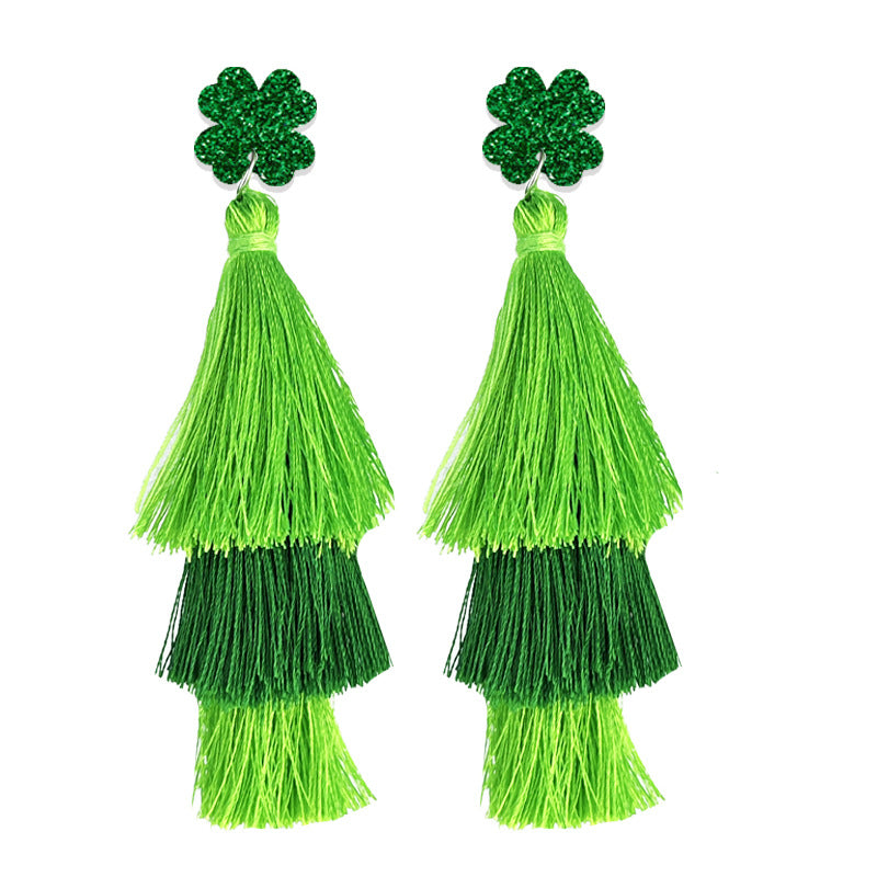 Wholesale St. Patrick's Green Festive Atmosphere Multi-layered Tassel Four-leaf Clover Earrings