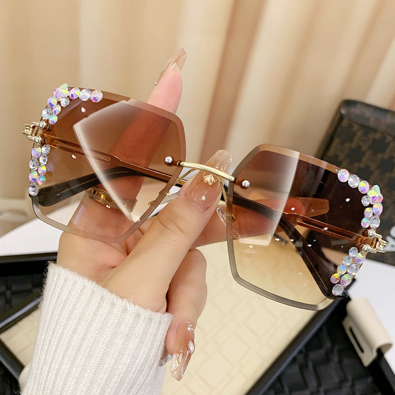 Wholesale Glittery Starry Sky Diamond Large Frame Cut Edge Square Frame Sunglasses