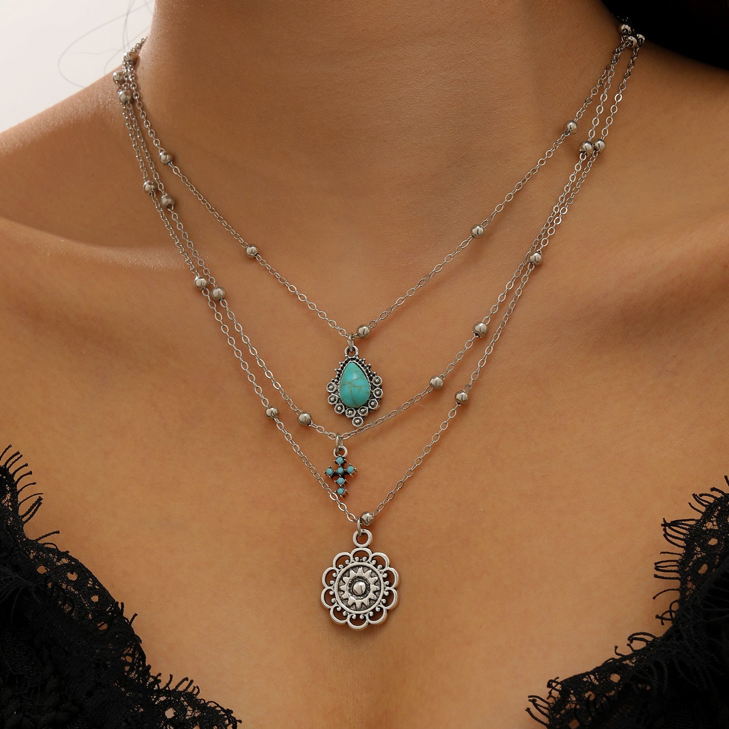 Wholesale Zinc Alloy Western Cowboy Turquoise Layered Necklace Set Bohemian Fashion Accessory Gift