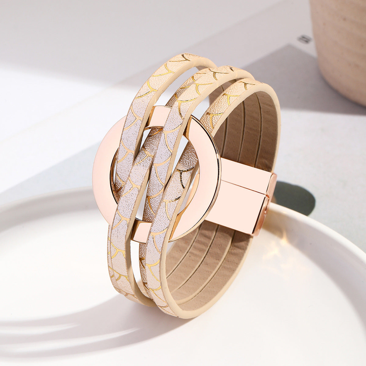 Wholesale Metal Leather Cross Women's Large Hoop Cuff Multi-layer Wristband Magnetic Clasp Bracelet