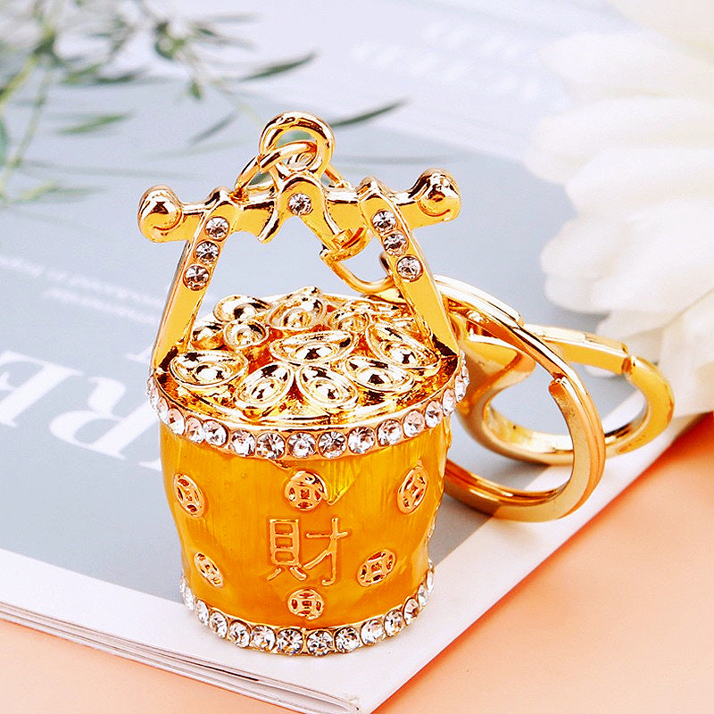 Wholesale Chinese Style Fortune Bucket Keychain Red Zinc Alloy Cornucopia Car Key Ring Decorative Bag Charm Gift