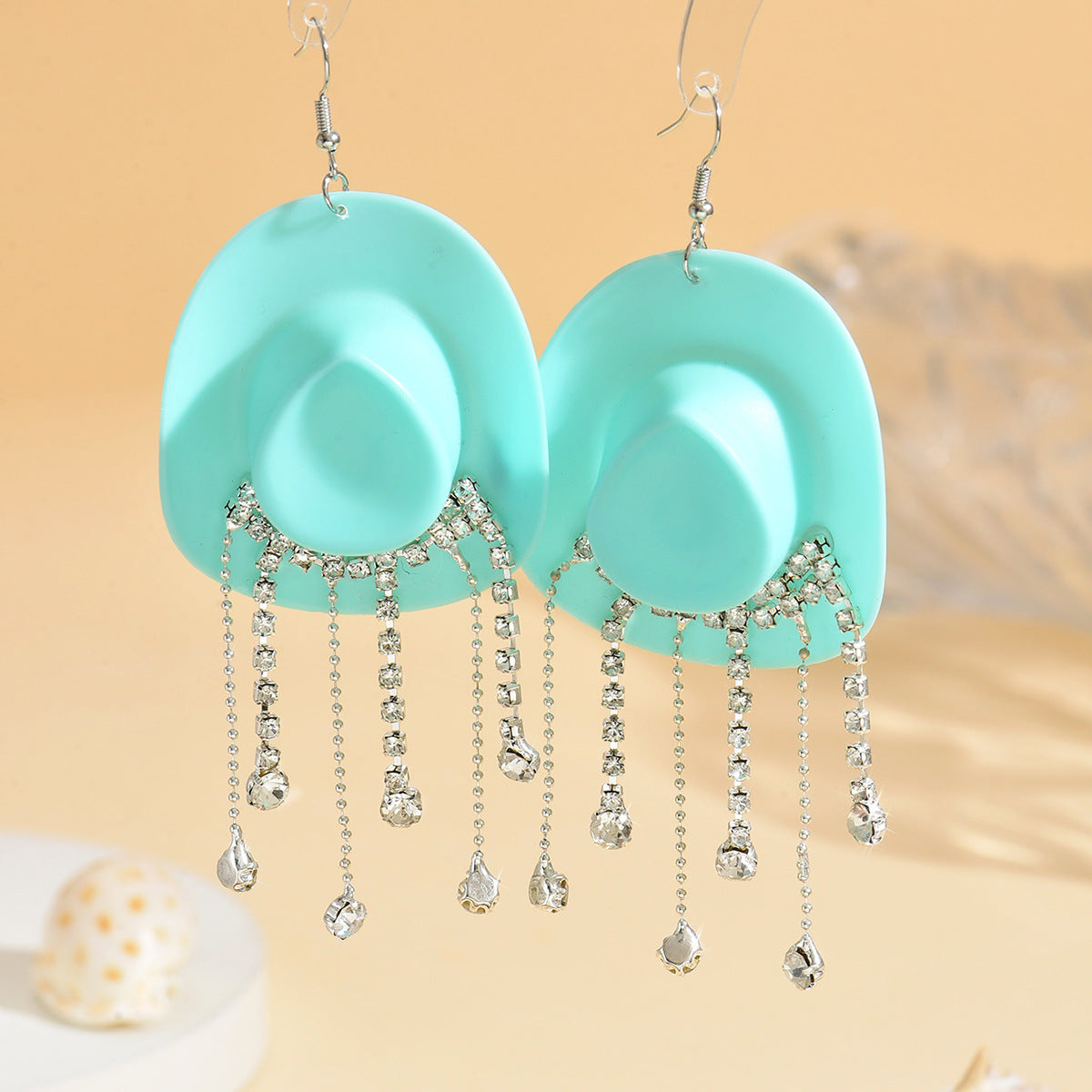 Wholesale Exaggerated rhinestone earrings hip-hop cowboy hat diamond tassel ear hooks