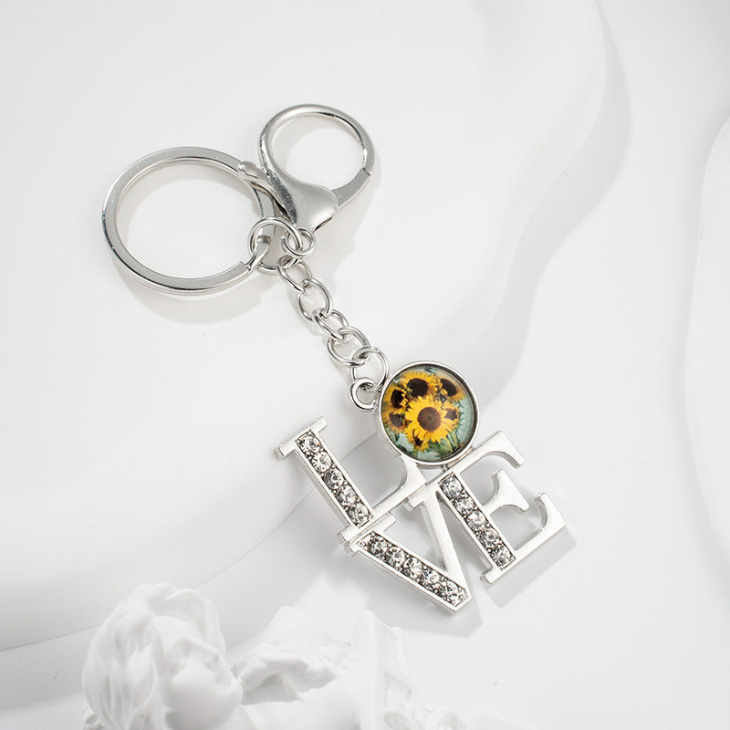 Wholesale Mother's Day Sunflower Time Gemstone Diamond Pendant Metal Keychain