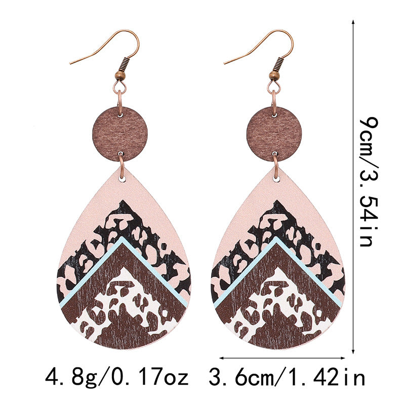 Wholesale Vintage Leopard Print Leather Wood Chip Teardrop Earrings