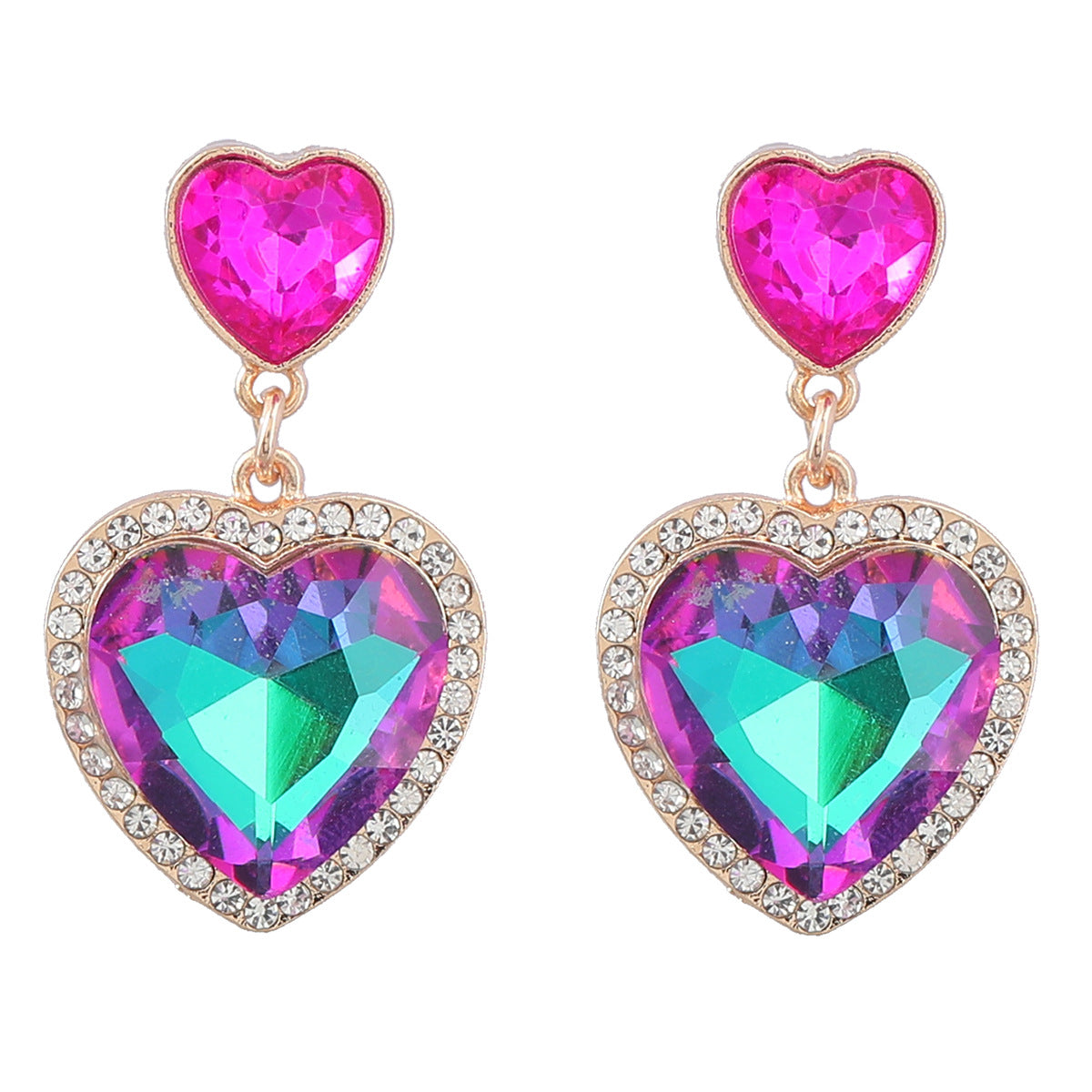 Wholesale Colored diamond studded heart-shaped earrings