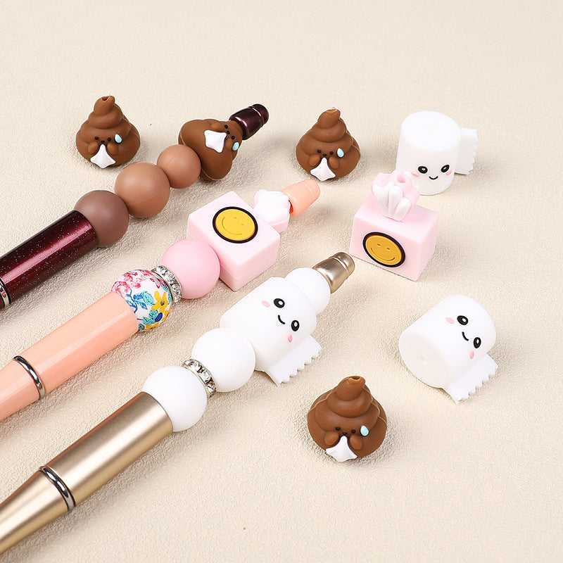 Wholesale 20pcs 3D Silicone Mixed Funny Poop Beaded Pen Decorated with Cartoon Glue Beads