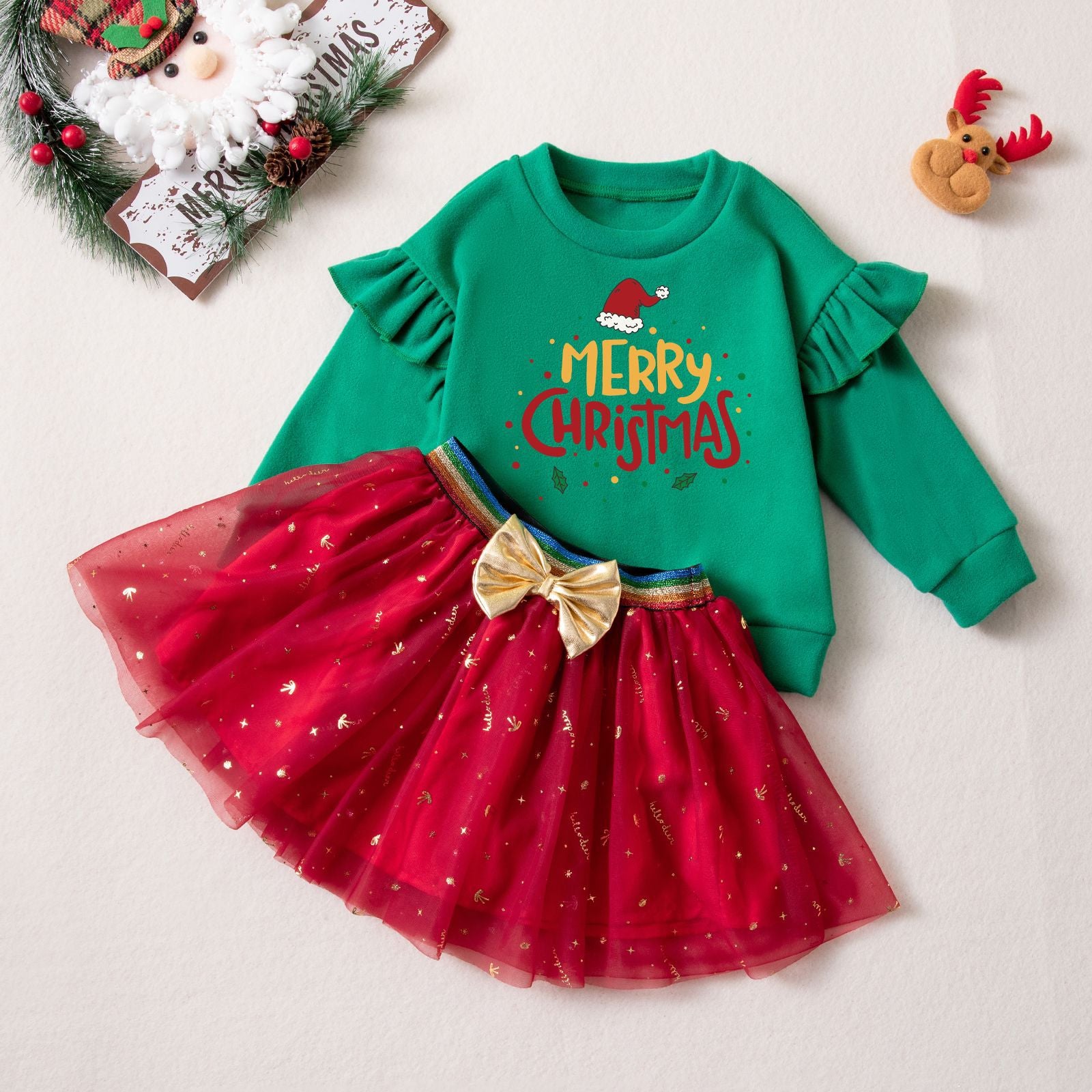 Wholesale Christmas Girls Two Piece Outfit Green Printed Long Sleeve Sweatshirt And Gold Glitter Tulle Skirt Boutique Gift For Resale