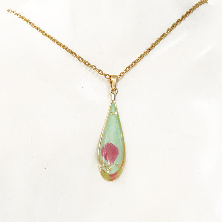 Wholesale 6pcs Resin Colored Dried Flower Pendant Water Drop Necklace