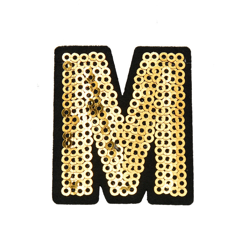 Wholesale Polyester Gold Sequin Alphabet Embroidered Patches For Coats Fashion Clothing Decorative Applique DIY Craft Supply