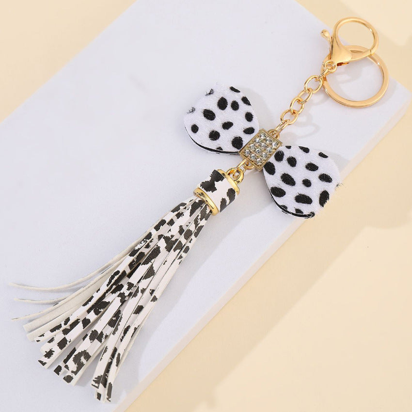 Wholesale Leather Leopard Diamond Bow Keychain