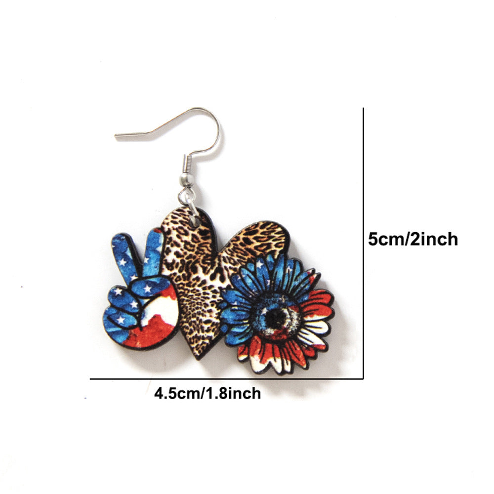 Wholesale Love Leopard Pattern Star Stripe Sunflowers Victory Independence Day Double Sided Wooden Earrings