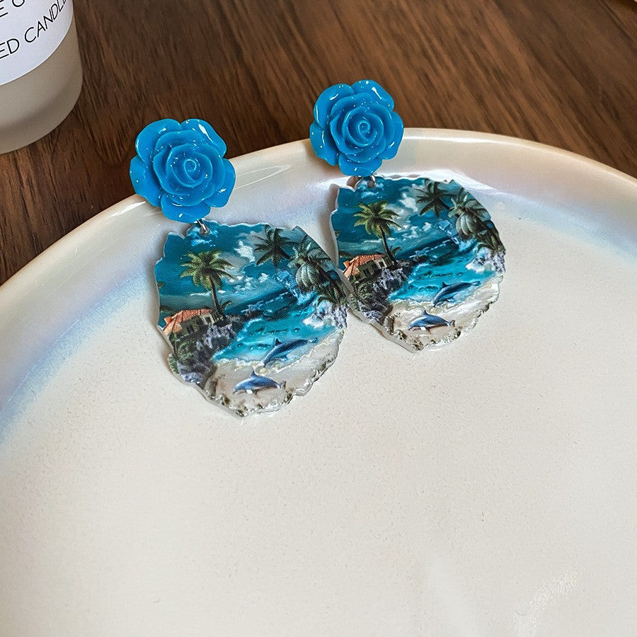 Wholesale Silver Needle French Oil Painting Sunflower Earrings