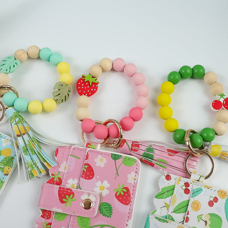 Wholesale Fruit Print Pu Card Holder Silicone Beaded Keychain Silicone Bead Bracelet