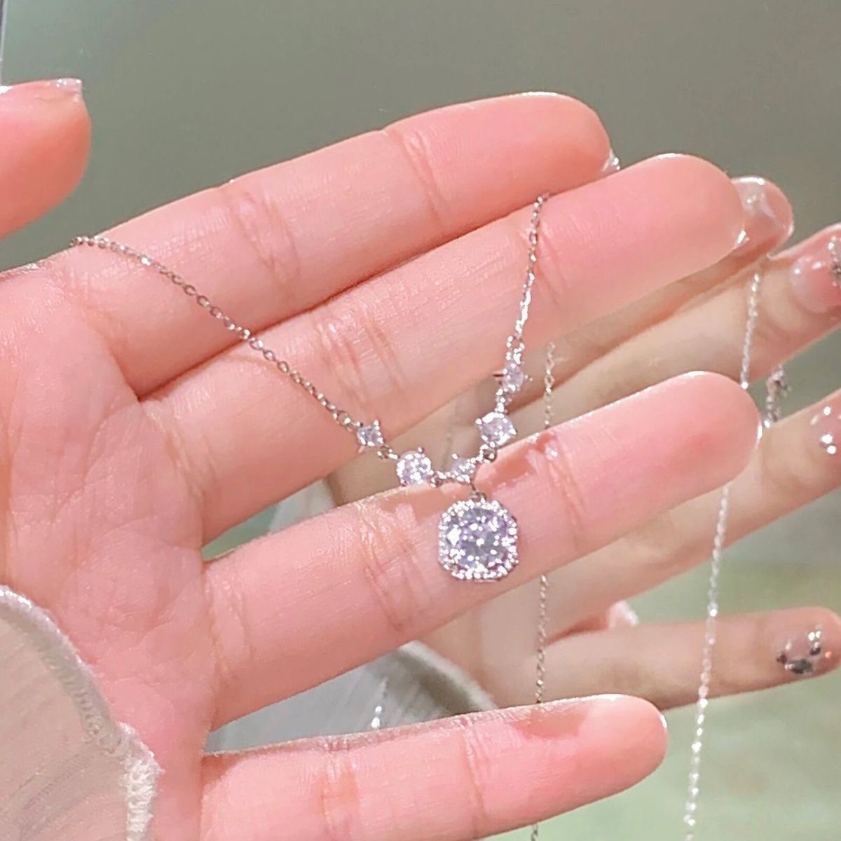 Wholesale Square Diamond Zircon Necklace Women's Simple Light Luxury Pendant Collarbone Chain Tanabata Valentine's Day Gift