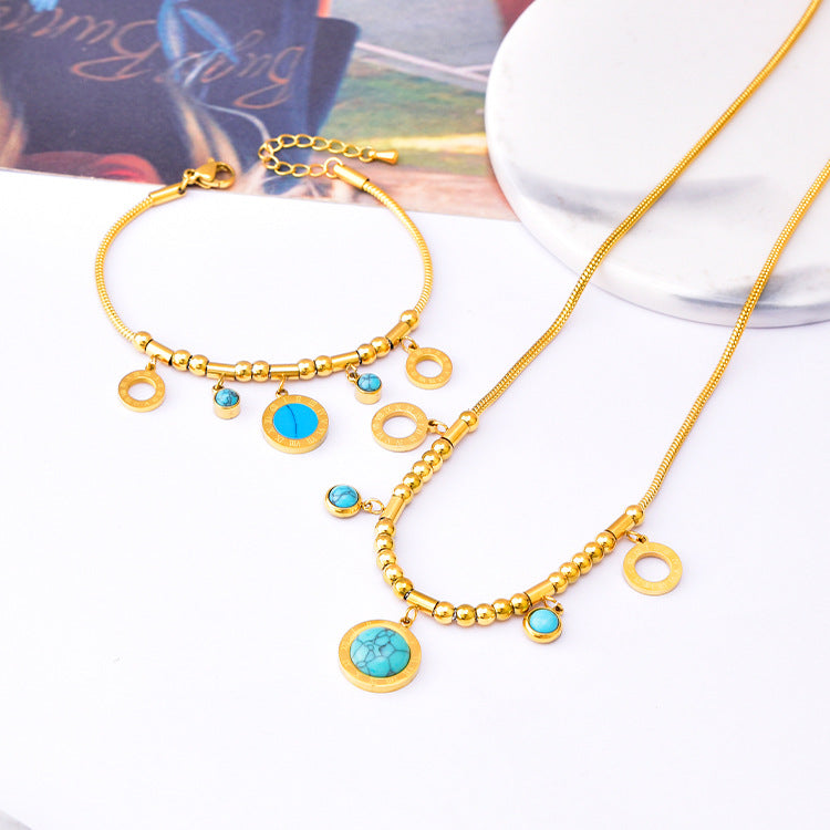 Wholesale Round Tube Five-pointed Star Necklace Turquoise Clavicle Pendant Long Tassel Earrings Bracelet Set