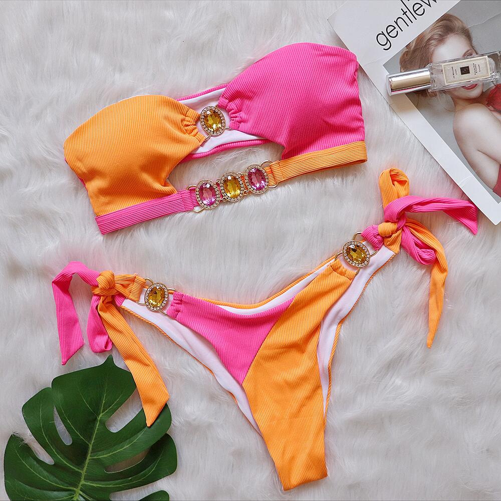 Wholesale Sexy crystal diamond bikini detachable breast pad swimsuit splicing tube top straps two-piece swimsuit