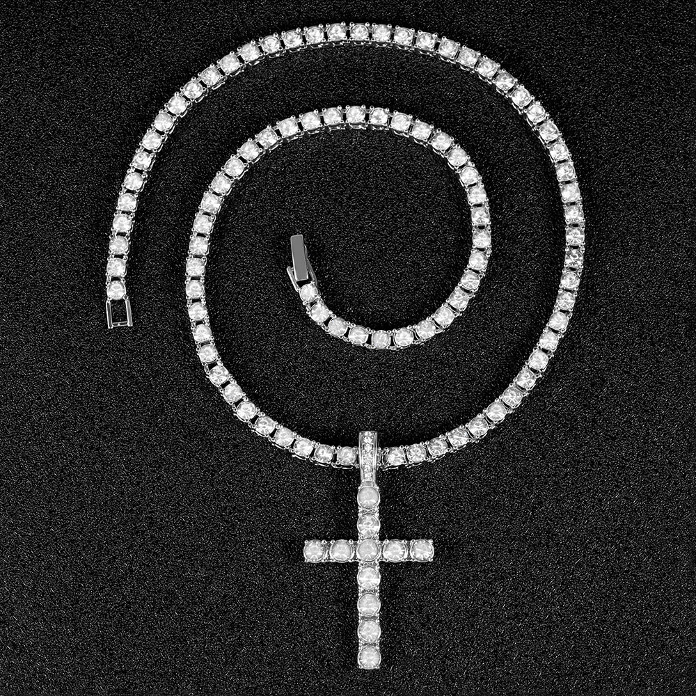 Wholesale hip-hop necklace cross pendant with 4MM tennis chain