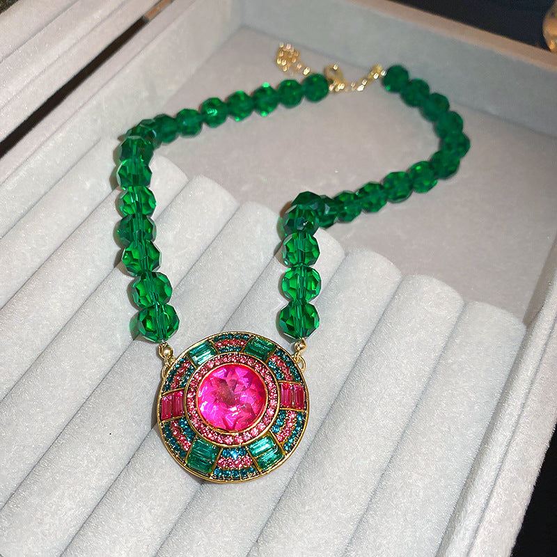 Wholesale Heavy Vintage Diamond Emerald Round Earrings Necklace Set