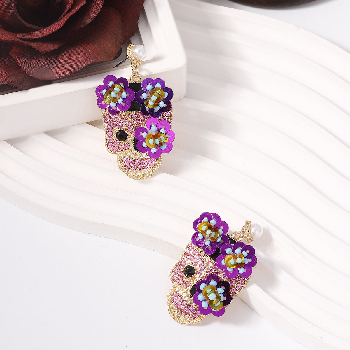 Wholesale Halloween Inlaid Zircon with Sequined Skull Earrings